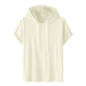 Short Sleeve Athletic Workout Pullover Drawstring Hooded T-Shirts Beige